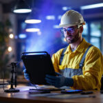 A photograph of a lighting contractor demonstrating the use of uv light technology in a commercial setting