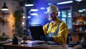 A photograph of a lighting contractor demonstrating the use of uv light technology in a commercial setting
