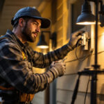 A photograph of a professional lighting contractor installing an exterior 2 gang extender on a building