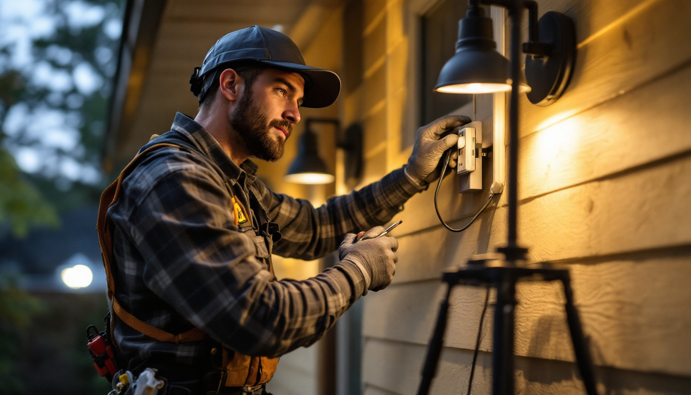 A photograph of a professional lighting contractor installing an exterior 2 gang extender on a building