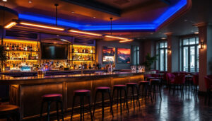 A photograph of a stylish bar area illuminated by sleek