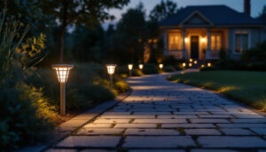 A photograph of a beautifully illuminated driveway at dusk