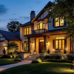 A photograph of a beautifully lit residential exterior at dusk