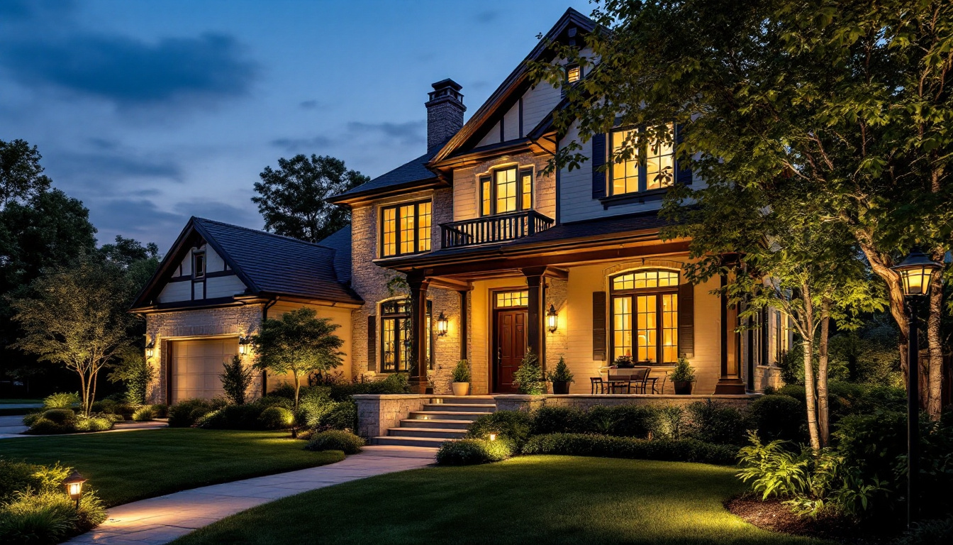 A photograph of a beautifully lit residential exterior at dusk