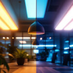 A photograph of a modern workspace featuring sleek led lighting fixtures in use