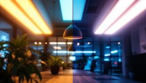 A photograph of a modern workspace featuring sleek led lighting fixtures in use