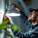 A photograph of a skilled lighting contractor installing a stylish mounted light fixture in a modern interior setting