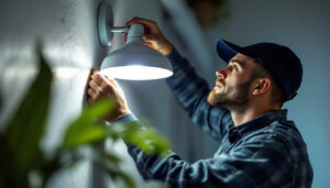 A photograph of a skilled lighting contractor installing a stylish mounted light fixture in a modern interior setting