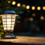A photograph of a silver solar lantern in a well-lit outdoor setting