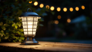 A photograph of a silver solar lantern in a well-lit outdoor setting