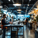 A photograph of a bustling lighting showroom featuring a variety of led products