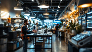 A photograph of a bustling lighting showroom featuring a variety of led products