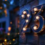 A photograph of a beautifully illuminated house number display at dusk