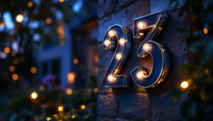 A photograph of a beautifully illuminated house number display at dusk
