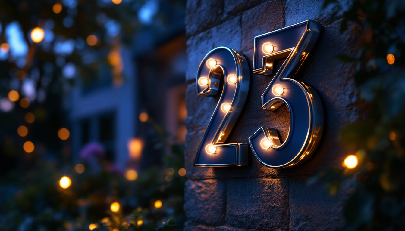 A photograph of a beautifully illuminated house number display at dusk