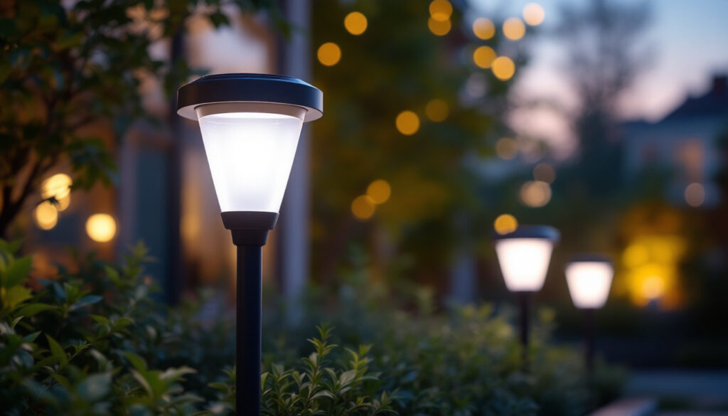 A photograph of a well-lit outdoor scene featuring solar-powered led lights installed in a garden or patio setting