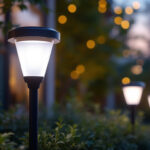A photograph of a well-lit outdoor scene featuring solar-powered led lights installed in a garden or patio setting