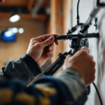 A photograph of a lighting contractor expertly installing griplock systems in a well-lit environment