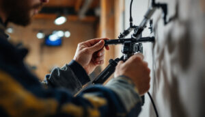 A photograph of a lighting contractor expertly installing griplock systems in a well-lit environment