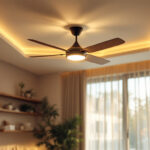 A photograph of a stylish ceiling fan with integrated lighting installed in a modern living space