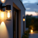 A photograph of a well-lit outdoor wall lamp installed in a stylish residential or commercial setting