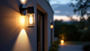 A photograph of a well-lit outdoor wall lamp installed in a stylish residential or commercial setting