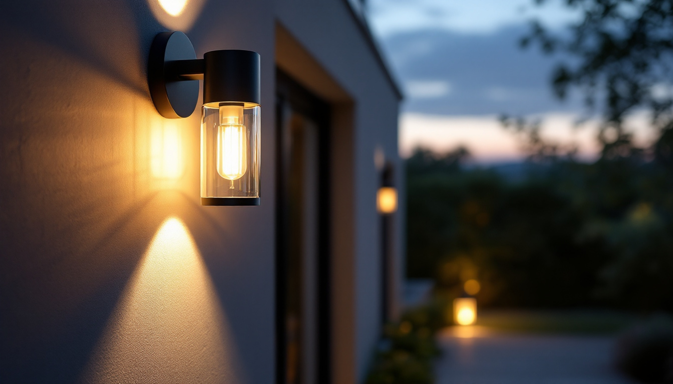A photograph of a well-lit outdoor wall lamp installed in a stylish residential or commercial setting