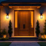 A photograph of a beautifully illuminated front door at dusk