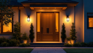 A photograph of a beautifully illuminated front door at dusk