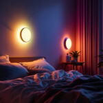 A photograph of a beautifully designed bedroom featuring ambient led wall lights in various colors