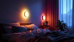 A photograph of a beautifully designed bedroom featuring ambient led wall lights in various colors