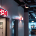 A photograph of a well-lit commercial space featuring prominently installed emergency exit lights