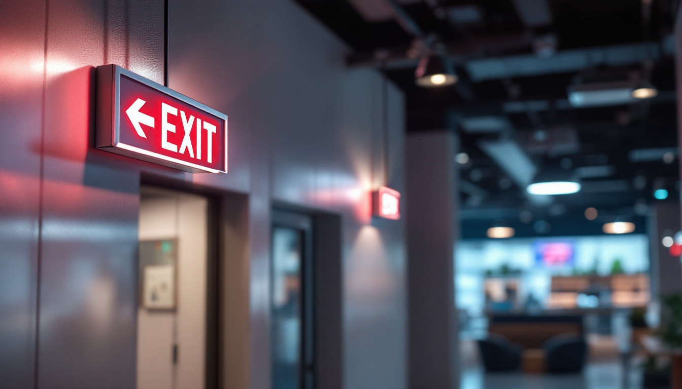 A photograph of a well-lit commercial space featuring prominently installed emergency exit lights