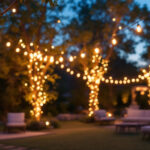 A photograph of a beautifully lit outdoor space featuring solar power string lights gracefully draped across trees or structures