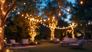 A photograph of a beautifully lit outdoor space featuring solar power string lights gracefully draped across trees or structures