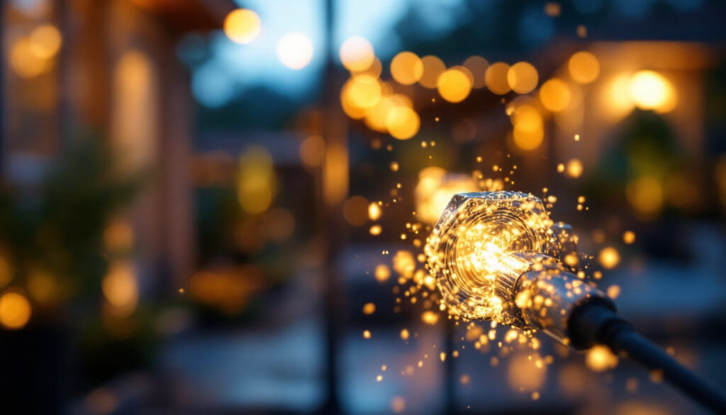 A photograph of a close-up shot of weatherproof wire nuts being used in an outdoor lighting installation