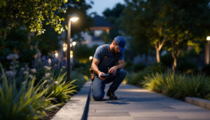 A photograph of a professional lighting contractor installing led outdoor spotlight fixtures in a beautifully landscaped garden at dusk