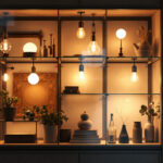A photograph of a beautifully arranged display cabinet illuminated by various types of bulbs