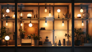 A photograph of a beautifully arranged display cabinet illuminated by various types of bulbs