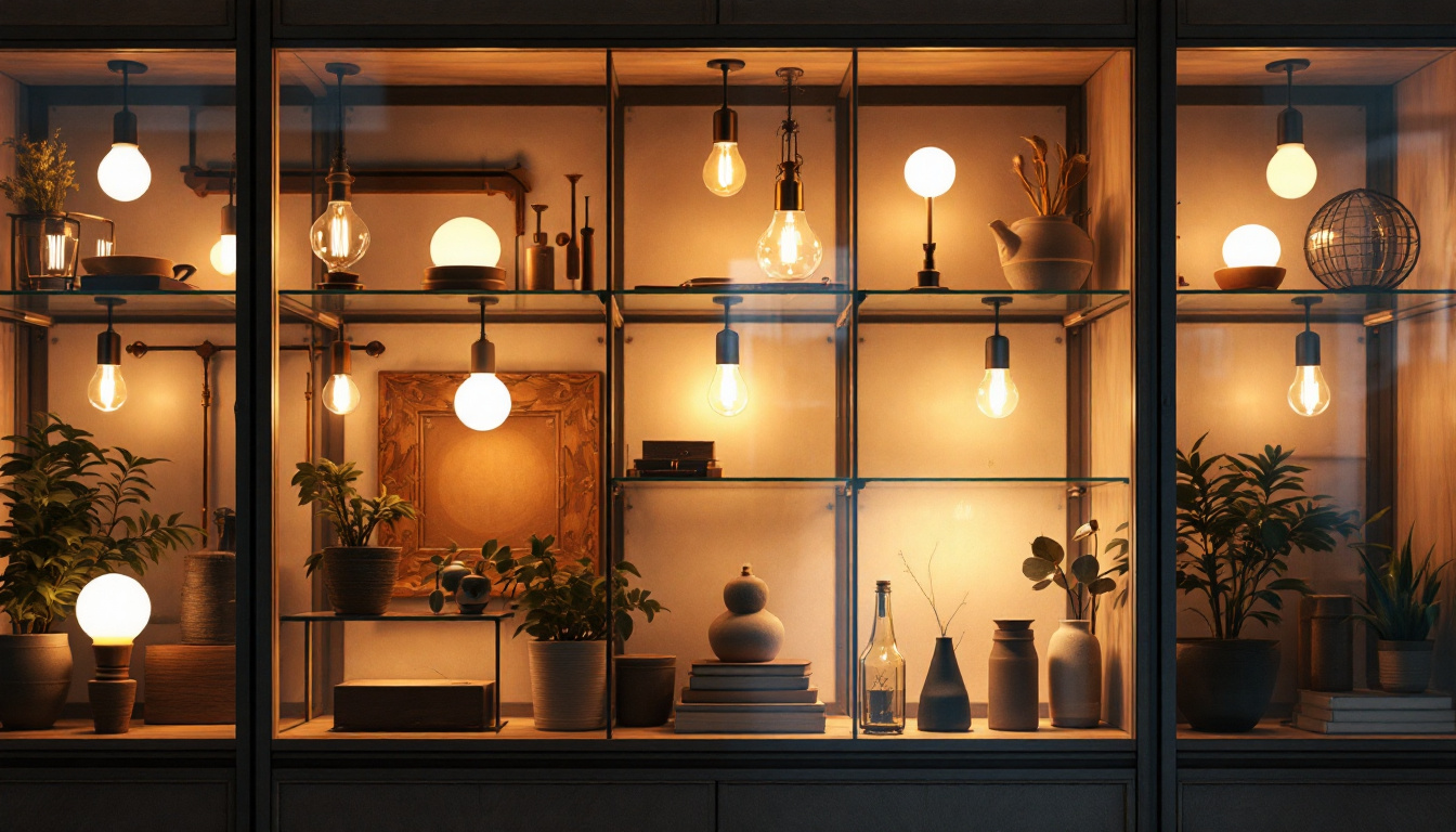 A photograph of a beautifully arranged display cabinet illuminated by various types of bulbs