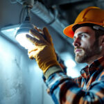 A photograph of a skilled electrician carefully replacing a light ballast in a commercial lighting fixture