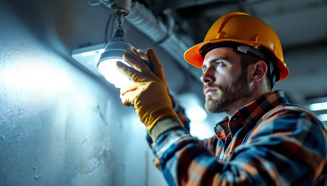 A photograph of a skilled electrician carefully replacing a light ballast in a commercial lighting fixture