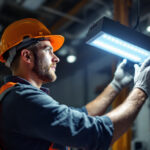 A photograph of a lighting contractor installing a 4ft led shop light in a commercial setting