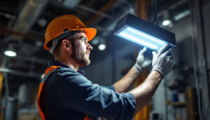 A photograph of a lighting contractor installing a 4ft led shop light in a commercial setting