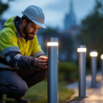 A photograph of a lighting contractor installing or adjusting a modern lighted bollard in an outdoor setting