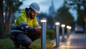 A photograph of a lighting contractor installing or adjusting a modern lighted bollard in an outdoor setting