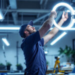 A photograph of a lighting contractor expertly installing u-shaped fluorescent light bulbs in a modern workspace