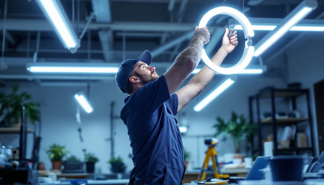 A photograph of a lighting contractor expertly installing u-shaped fluorescent light bulbs in a modern workspace