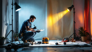 A photograph of a lighting contractor demonstrating the application of light wrap techniques on a project