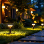 A photograph of a well-lit outdoor space featuring solar puck lights elegantly illuminating a pathway or garden area